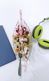 High angle view of ice cream on white background