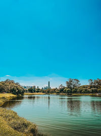 Scenic view of lake against clear blue sky