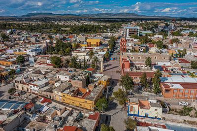 High angle view of buildings in city