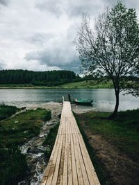 Empty wooden walkway by lake against sky