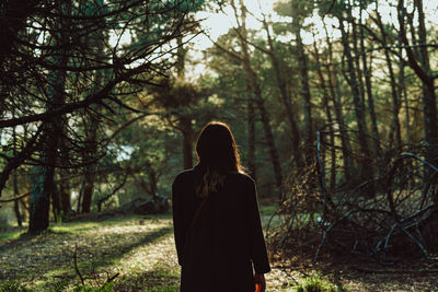 Rear view of woman standing in forest