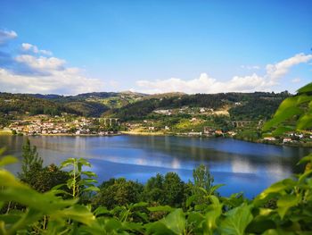 Scenic view of lake by trees against sky