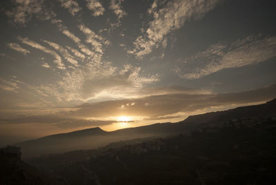 Scenic view of mountains against dramatic sky