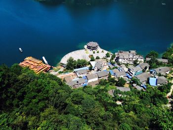 Residential buildings by lake