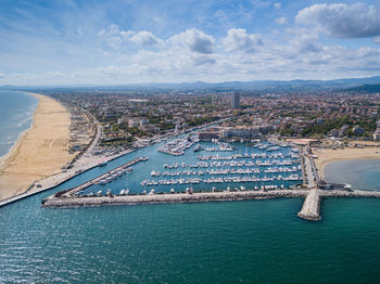 Panoramic view of rimini, its sea, its beaches and its port on the romagna riviera in post-pandemic 