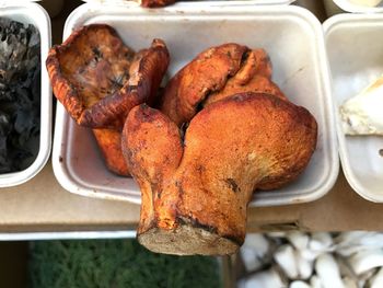 View of edible mushrooms in container