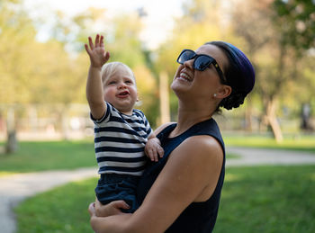 Aunt and nephew in park 