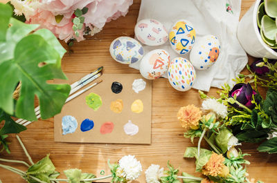 High angle view of christmas decorations on table