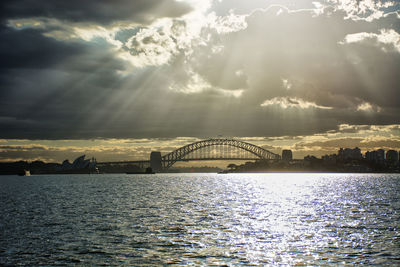 View of bridge over river against cloudy sky