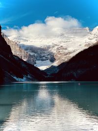 Scenic view of lake by snowcapped mountains against sky. victoria glacier, lake louise canada. banff 