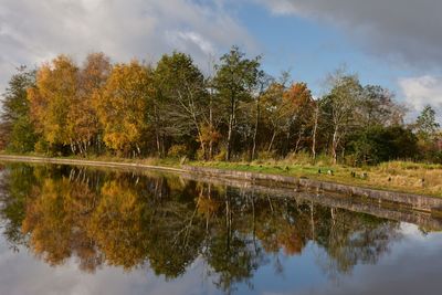 Reflection of trees in lake against sky during autumn