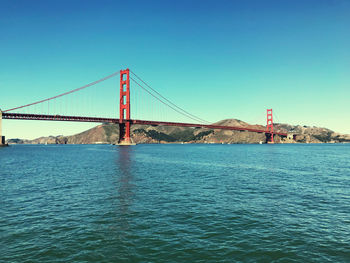 View of suspension bridge over sea