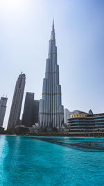 Low angle view of modern buildings against clear sky