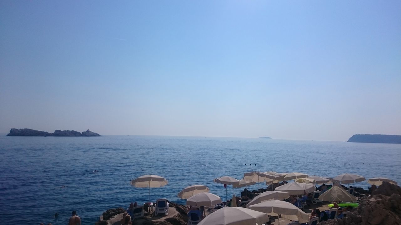 PEOPLE ON BEACH AGAINST CLEAR SKY