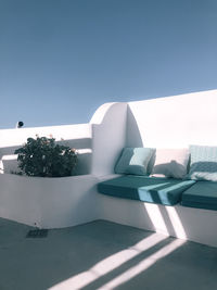 Scenic view of sea against clear blue sky