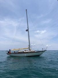 Sailboat sailing on sea against sky