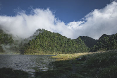 Scenic view of lake and mountains against sky