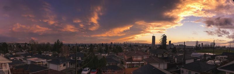High angle view of townscape against sky during sunset
