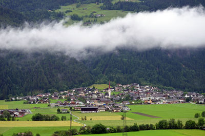 High angle view of townscape on field