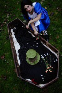 High angle view of man preparing food