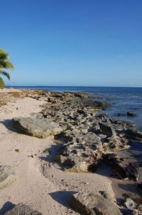 Scenic view of beach against clear blue sky