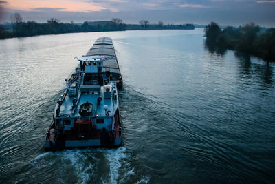 High angle view of ship in saone river against sky