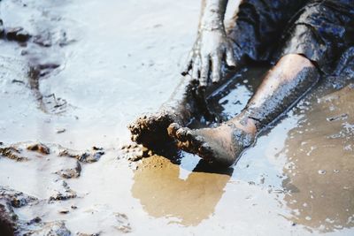 Low section of boy in mud