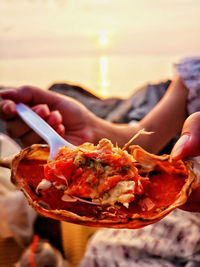 Close-up of hand holding crab