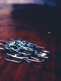 High angle view of clothespins on table