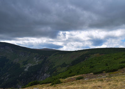 Scenic view of mountains against cloudy sky