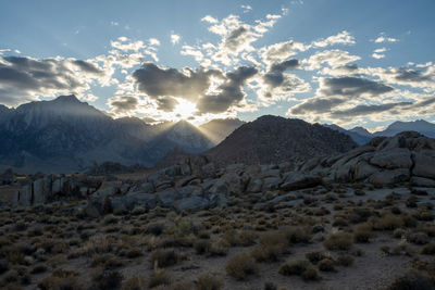 Scenic view of mountains against sky during sunset