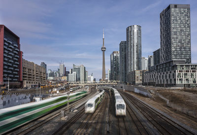 Panoramic view of city street and buildings against sky