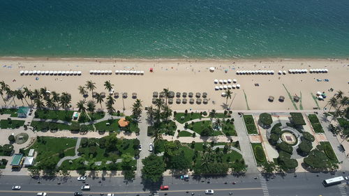 High angle view of plants by sea against city