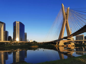 Bridge over river in city against clear blue sky