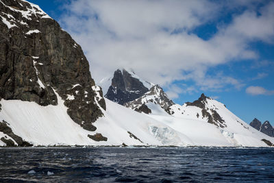 Scenic view of sea by snowcapped mountain against sky