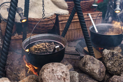 High angle view of food on barbecue