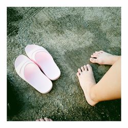 Low section of woman feet on sand at beach