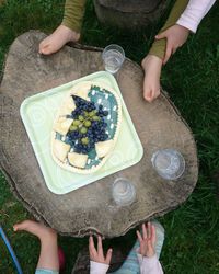 Low section of woman holding food on table