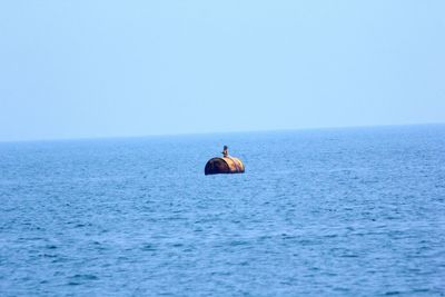 Man on boat in sea against clear sky