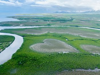 High angle view of land against sky