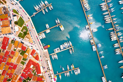 Aerial view of boats in harbor in lefkada city