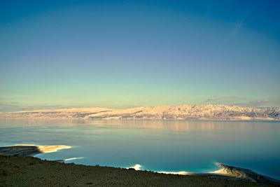 Scenic view of lake against clear blue sky