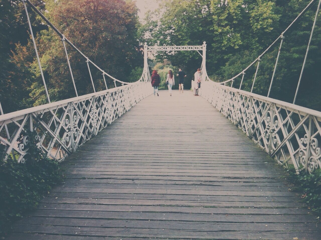 the way forward, bridge - man made structure, footbridge, railing, connection, tree, built structure, diminishing perspective, lifestyles, architecture, bridge, leisure activity, men, walking, rear view, vanishing point, forest, full length