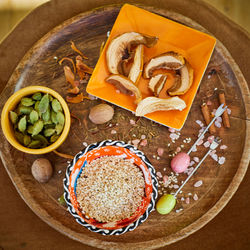 High angle view of food served on table