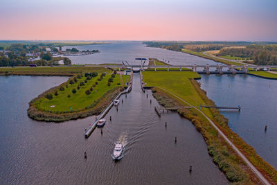 High angle view of bridge over river against sky