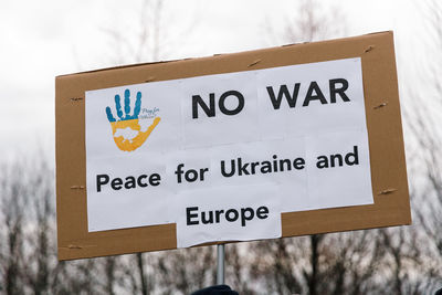 No war banner at a demonstration against the invasion of ukraine