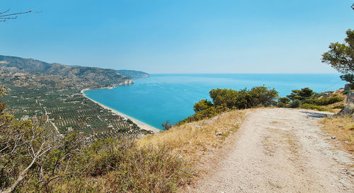 Scenic view of sea against clear blue sky