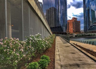 Footpath amidst buildings in city against sky