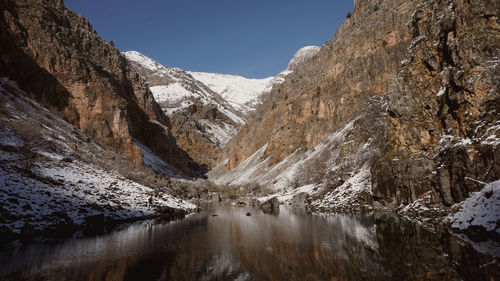 Scenic view of stream by mountains during winter