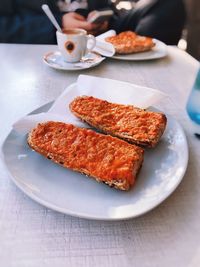 High angle view of breakfast in plate on table